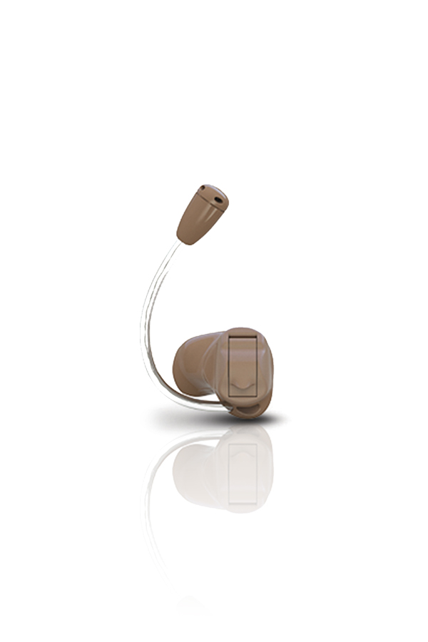 A Microphone-In-Helix style hearing aid is a small neutral tan colored hearing aid with a small in-ear bud and microphone attached to a transparent wire.