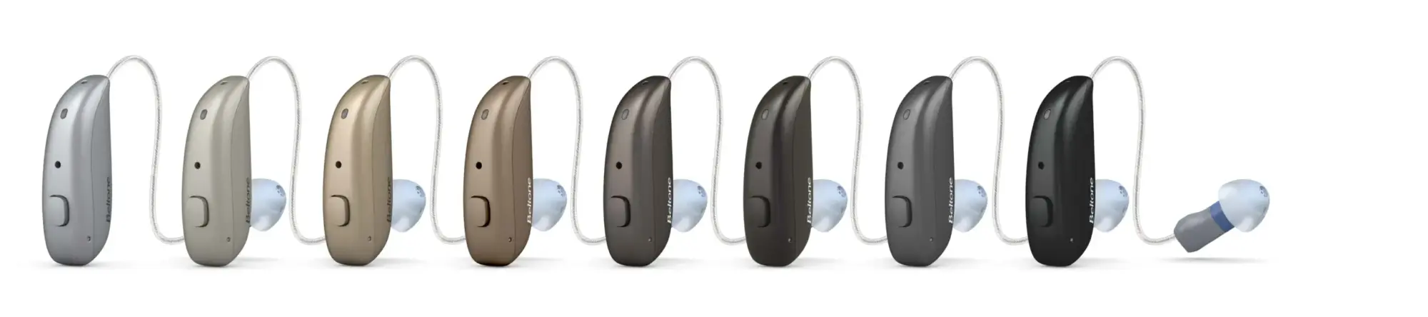 the Beltone Serene hearing aid pictured in 8 different colors, from silver to skin-tone colored, to gray and black.