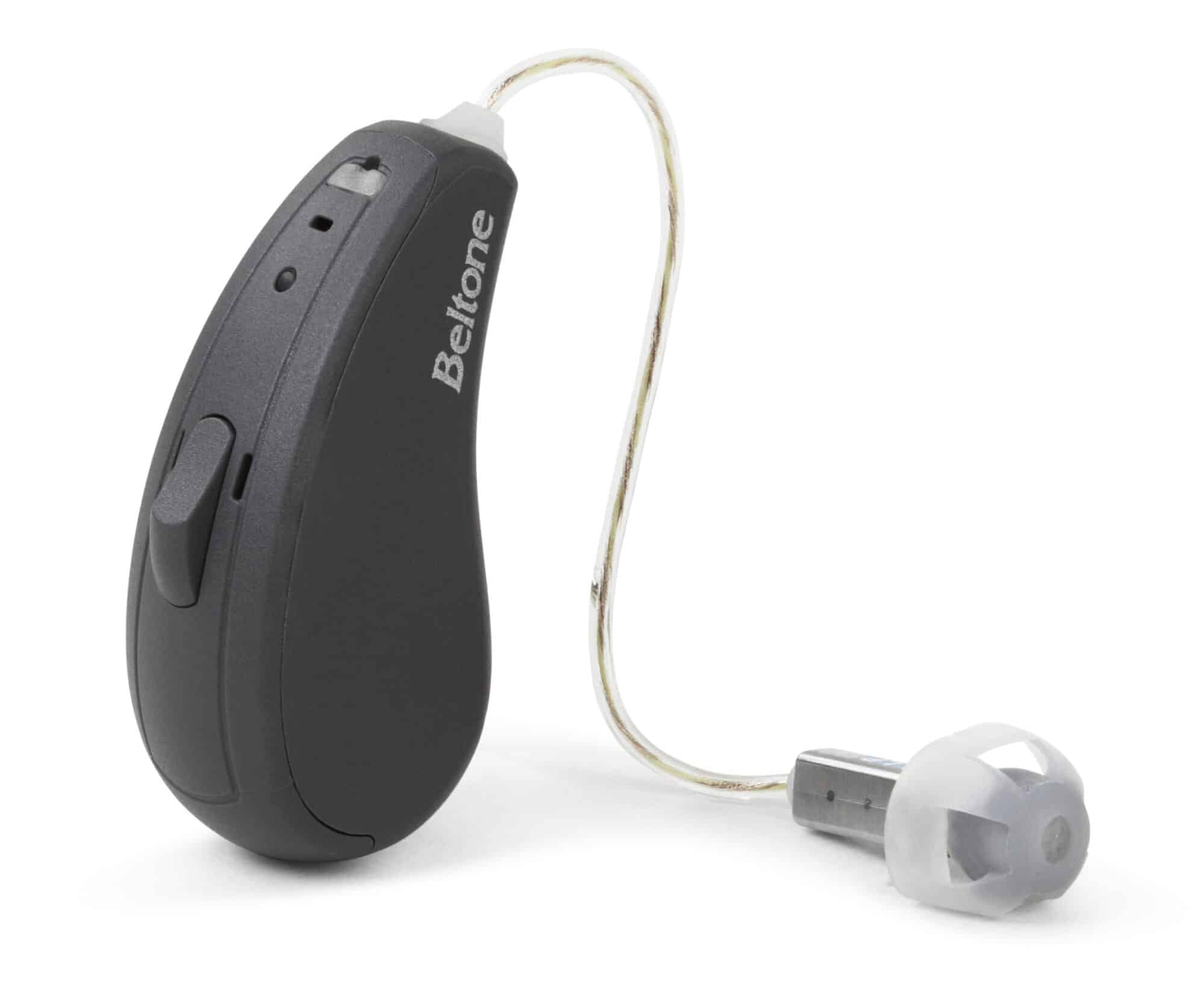 The Beltone Rely hearing aid is a Bluetooth hearing aid with a black receiver and long ear bud cord.