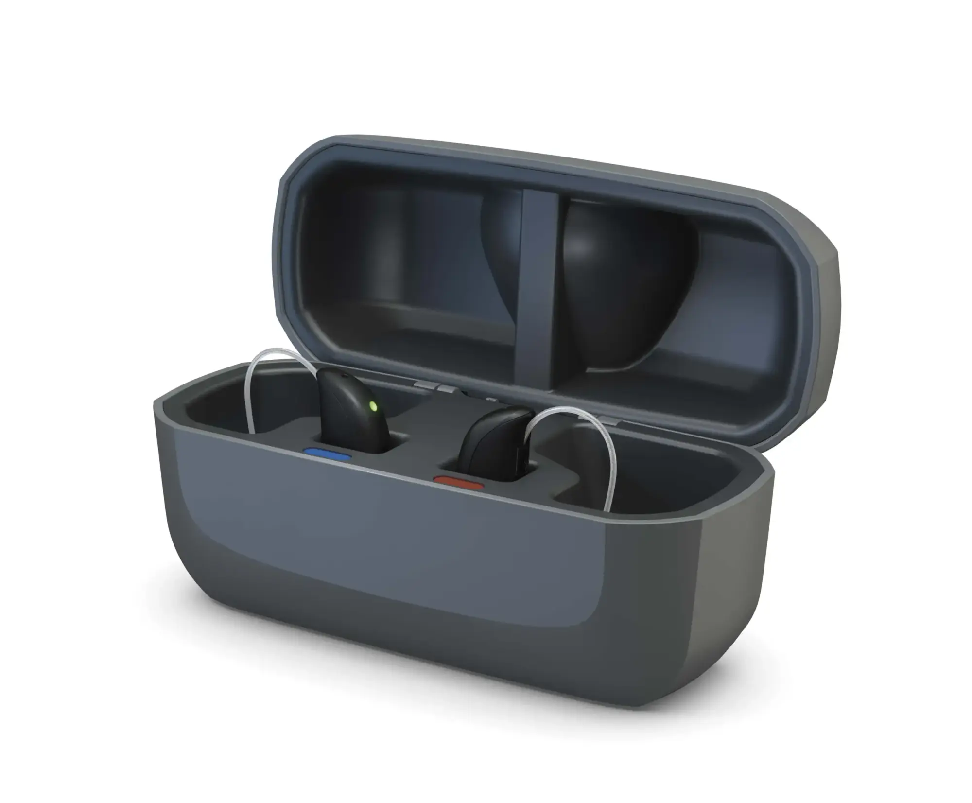 The Beltone Serene Bluetooth hearing aid model pictured in it's black protective case.