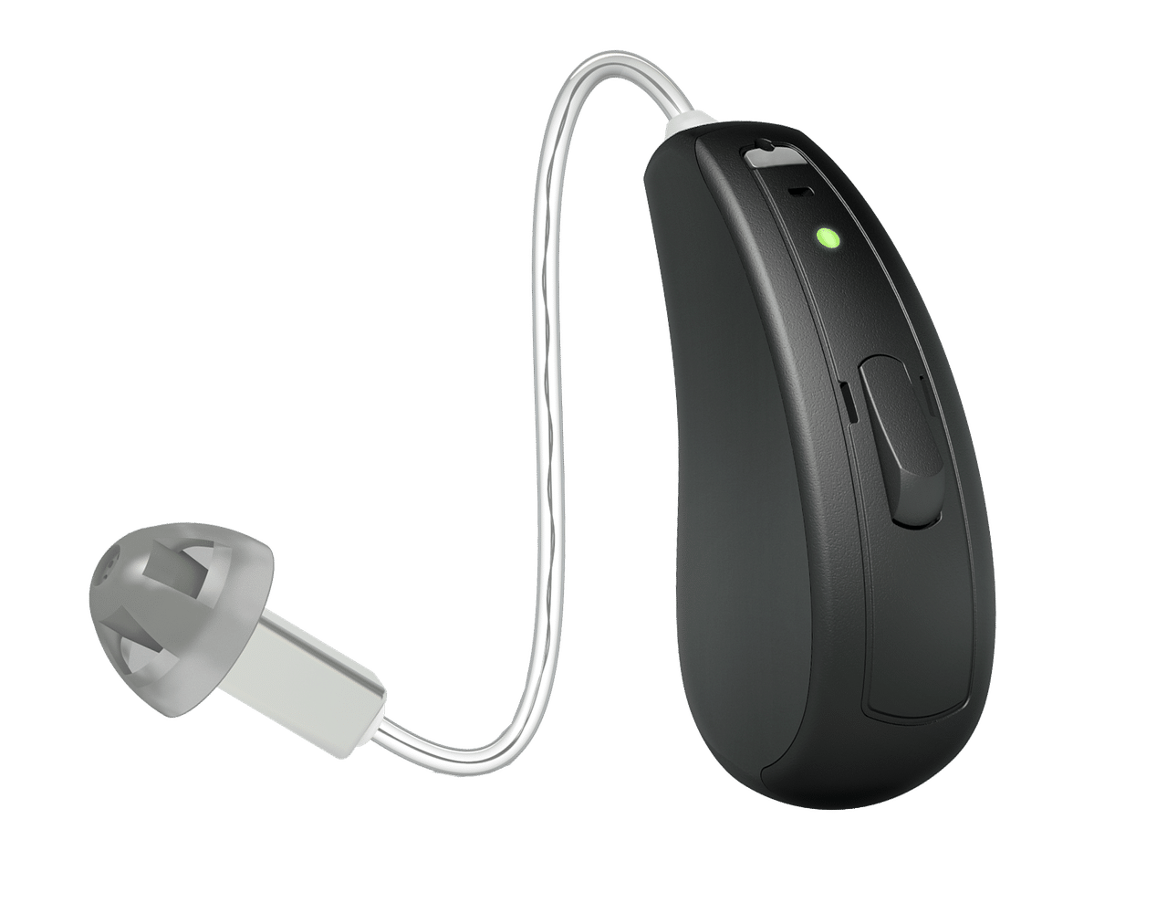 The rechargable Beltone Amaze hearing aid is a RIC style hearing aid with a black body and gray in-ear bud.
