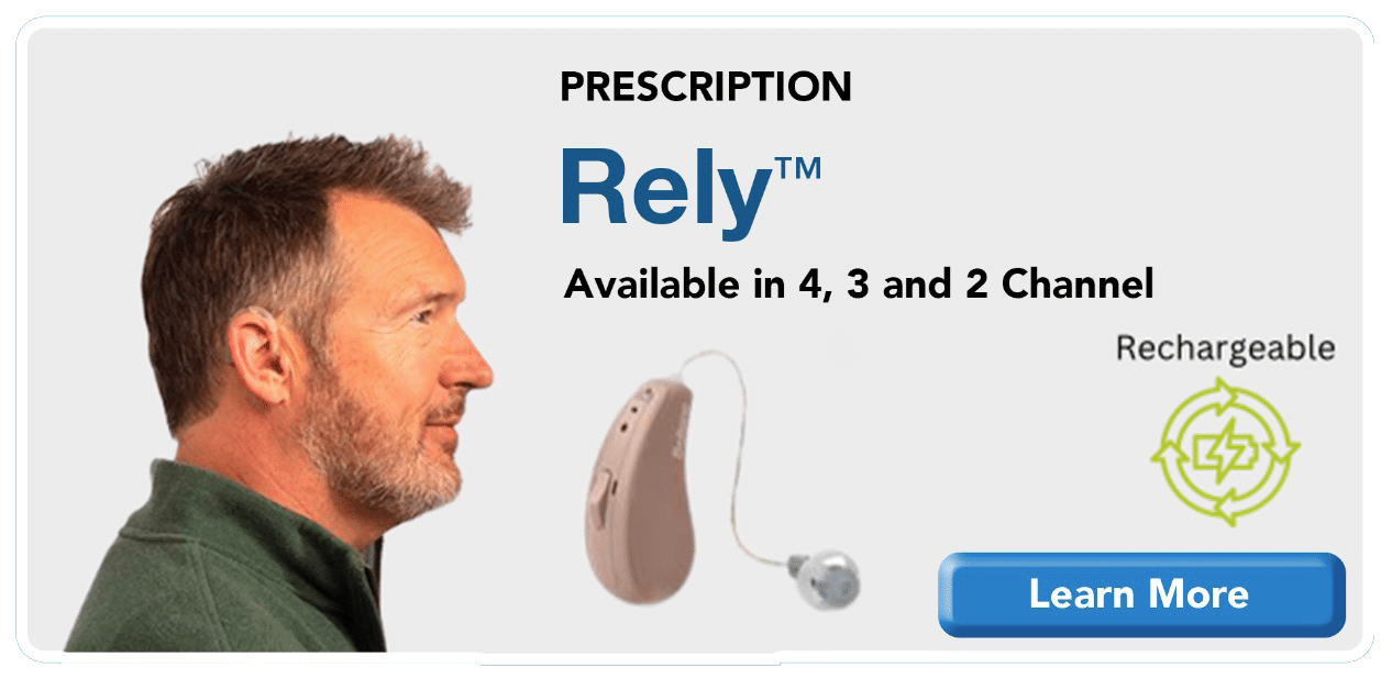 A side profile of a middle aged man with salt and pepper hair, and text advertising the Rely hearing aid model. 